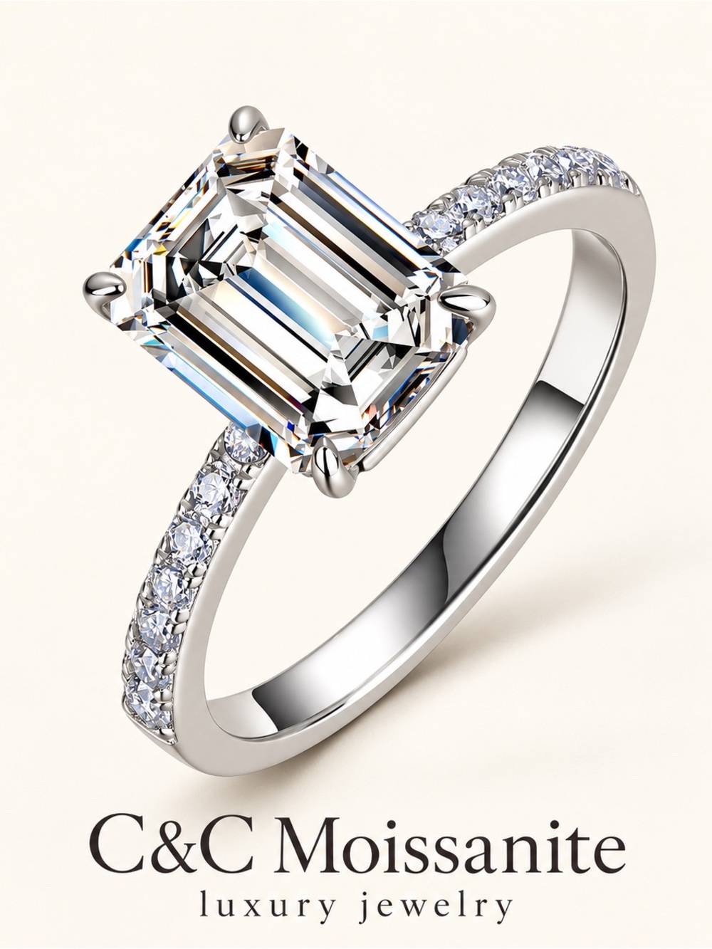 Gold Band Emerald-Cut Moissanite stone Engagement Ring - Gold